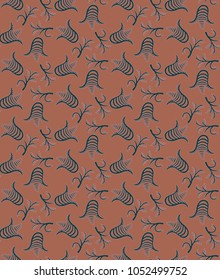 seamless pattern with swirling flowers in black against a rusty red fond