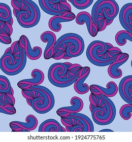 Nahtloses Muster wirbelnder Winkel mit Spiralbögen, blauviolette Motive auf hellblauem Hintergrund, Vektorgrafik