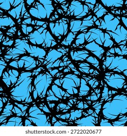 A seamless pattern of swirls of black thorny branches forming an abstract design on a blue background, perfect for your prints on fabrics, wallpaper, and covers.
