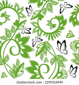 Seamless pattern with swirls and butterflies. Vector illustration