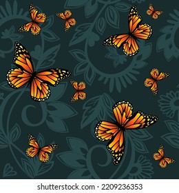 Seamless pattern with swirls and butterflies. Vector illustration