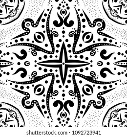 Seamless pattern with swirls and dots. Vector abstract background with lines and spots. Decorative background. Seamless abstract floral pattern in black and white.