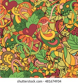 Seamless pattern with swirls, flowers and leaves, can be used for wallpaper, pattern fills, web page background, surface textures,  textiles, cards, postcards. Happy design pattern.