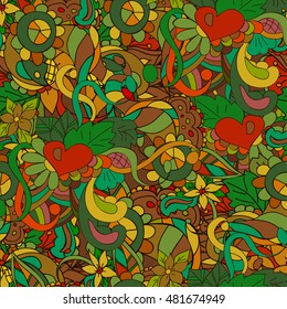 Seamless pattern with swirls, flowers and leaves, can be used for wallpaper, pattern fills, web page background, surface textures,  textiles, cards, postcards. Happy design pattern.