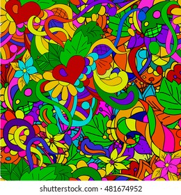 Seamless pattern with swirls, flowers and leaves, can be used for wallpaper, pattern fills, web page background, surface textures,  textiles, cards, postcards. Happy design pattern.