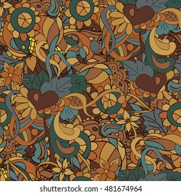 Seamless pattern with swirls, flowers and leaves, can be used for wallpaper, pattern fills, web page background, surface textures,  textiles, cards, postcards. Happy design pattern.