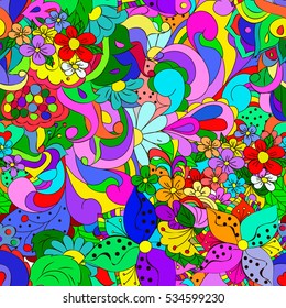 Seamless pattern with swirls, flowers and leaves, can be used for wallpaper, pattern fills, web page background, surface textures,  textiles, cards, postcards. Happy design pattern.