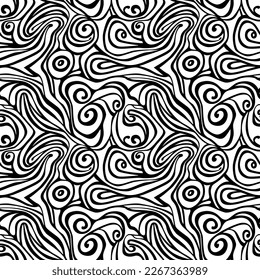 Seamless pattern with swirls - hand drawn black and white vector illustration.