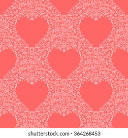 Seamless pattern with swirls hand drawn elements heart shaped in red background. Vector illustration