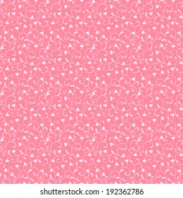Seamless pattern with swirls and hearts on a pink background