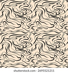 Seamless pattern with swirls, looping threads, vector lines. Wavy lines with smooth curves. Curved line drawn by hand in black ink. Vector background for decoration, prints, fabric and textile.