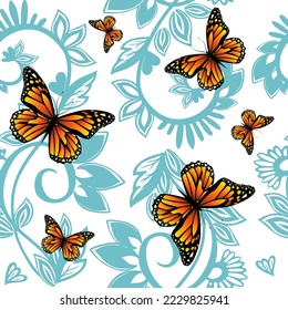 Seamless pattern with swirls and orange butterflies. Vector illustration