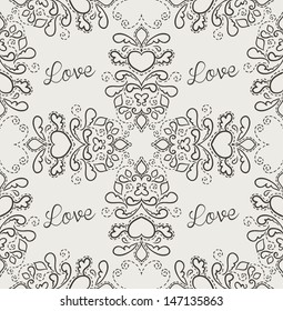 Seamless pattern with swirls, stitches, hearts. Lovely romantic message.