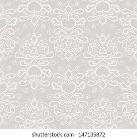 Seamless pattern with swirls, stitches, hearts in pastel colors.