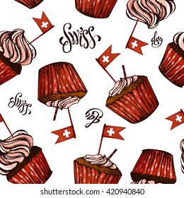 Seamless pattern for Swiss national day. Independence day background with sweets and lettering. Vector illustration