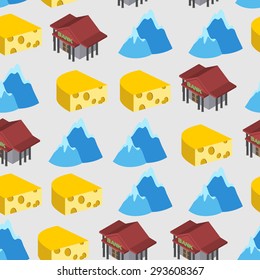 Seamless pattern of Switzerland. Bank and cheese. Vector background 