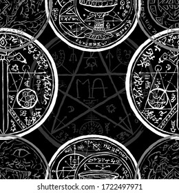 Seamless pattern with sword, pentagram and mystic symbols on black. Halloween line art vector illustration. Esoteric, occult and gothic background