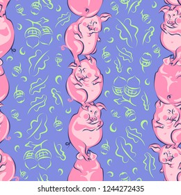 Seamless pattern, symbol 2019, pigs, light purple background, vector graphics