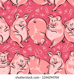 Seamless pattern, symbol 2019, pigs, cranberry background, vector graphics