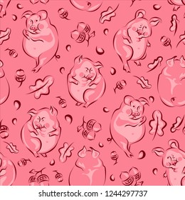 Seamless pattern, symbol 2019, pigs, vector graphics