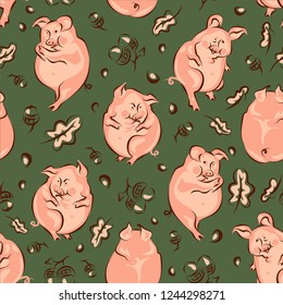 Seamless pattern, symbol 2019, pigs, dark green background, vector graphics
