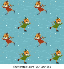 Seamless pattern with the symbol of 2022. A cute tiger is skating on the ice. New Year's pattern.	
