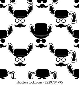 Seamless pattern with symbol of 2023 new year by chinese luna calendar. Wallpaper or bed linen print. Style retro rabbit with glasses, bowler hat and a top hat. 