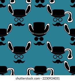 Seamless pattern with symbol of 2023 new year by chinese luna calendar. Wallpaper or bed linen print. Style retro rabbit with glasses, bowler hat and a top hat. 