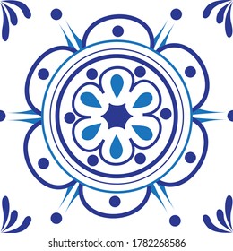 Símbolo de patrón sin foco en fondo floral azul, adorno floral. Diseño de cerámica azul, arte de decoración simple, patrón de azulejos, vector sin costura textil.
