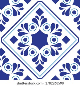 Seamless pattern symbol in blue floral background, flower ornament. Blue ceramics design, simple decoration art, tile pattern, textile seamless vector.