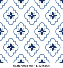 Seamless pattern symbol in blue floral background, flower ornament. Blue ceramics design, simple decoration art, tile pattern, textile seamless vector.