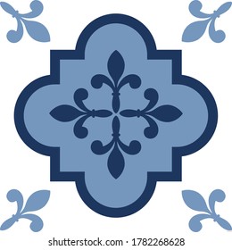 Símbolo de patrón sin foco en fondo floral azul, adorno floral. Diseño de cerámica azul, arte de decoración simple, patrón de azulejos, vector sin costura textil.