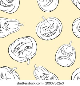 Patrón sin foco, símbolo de las calabazas de feriado de Halloween Jack O Lantern, los contornos negros aislados en el fondo del mosaico. Vector