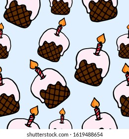 Seamless pattern with symbol of happy easter, easter cake with candle on a plate, ink sketch vector illustration isolated on white, decorative line art style for holiday design, greeting card.