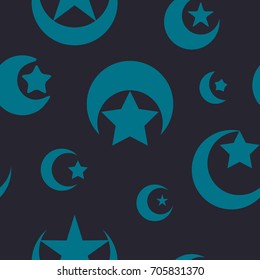 Seamless pattern with symbol of islam crescent moon on dark blue background