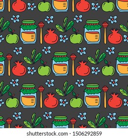 Seamless pattern with symbol of Jewish holiday Rosh Hashanah, New Year. Shana tova vector illustration. Doodle style.