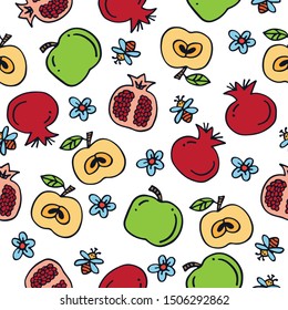 Seamless pattern with symbol of Jewish holiday Rosh Hashanah, New Year. Shana tova vector illustration. Doodle style.