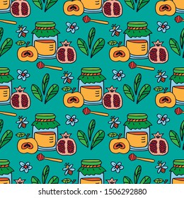 Seamless pattern with symbol of Jewish holiday Rosh Hashanah, New Year. Shana tova vector illustration. Doodle style.