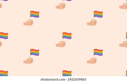 Seamless pattern with Symbol of LGBTQ pride community. Hand holding rainbow LGBT flag. LGBT pride month.  Vector illustration