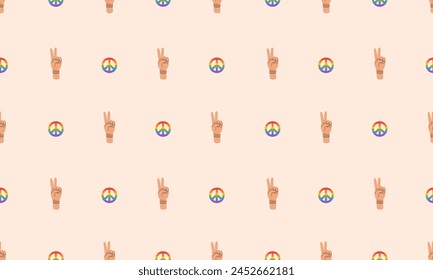 Seamless pattern with Symbol of LGBTQ pride community. Hand gesture peace with rainbow bracelet. Rainbow peace sign. LGBT pride month. Vector illustration