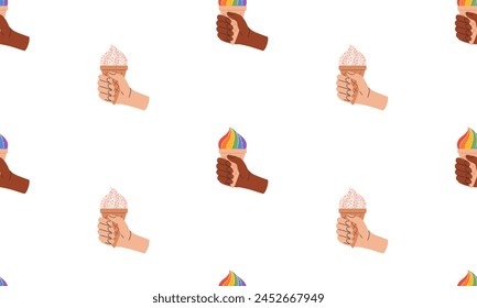 Seamless pattern with Symbol of LGBTQ pride community. Hand holding rainbow ice cream. LGBT pride month. Vector illustration