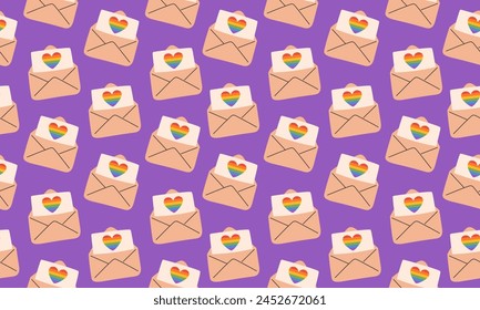 Seamless pattern with Symbol of LGBTQ pride community. LGBT rainbow heart in envelope. Love letter. LGBT pride month. Vector illustration

