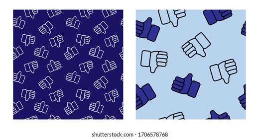 seamless pattern with symbol of likes and dislikes in the Internet on a blue background. Modern abstract design for paper, cover, fabric, interior decor