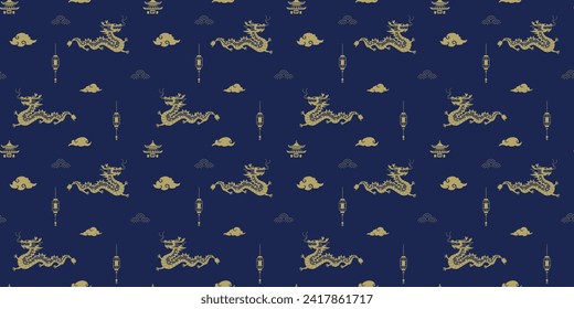 Seamless Pattern with Symbol of the Lunar New Year 2024 in geometric style on a dark blue background. Design for background, banners and posters. Vector Illustration