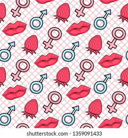 Seamless pattern symbol male and female stiker. Comic style. Kiss lips and strawberry. Vector hand drawn surface design on cell pink background