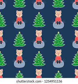 seamless pattern with the symbol of the New Year 2019. Pig is engaged in a winter sport - sledding and a Christmas tree. On a dark background. Vector illustration.