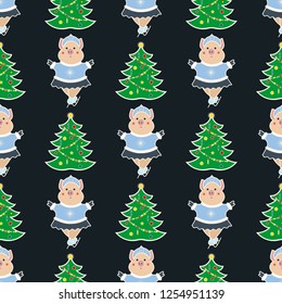 seamless pattern with the symbol of the New Year 2019. Pig is engaged in a winter sport - ice skater Snow Maiden and Christmas tree. On a dark background. Vector illustration.