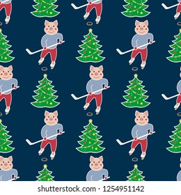 seamless pattern with the symbol of the New Year 2019. Pig is engaged in a winter sport - hockey player and Christmas tree. On a dark background. Vector illustration.