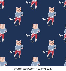 seamless pattern with the symbol of the New Year 2019. Pig is engaged in a winter sport - hockey player. On a dark background. Vector illustration.