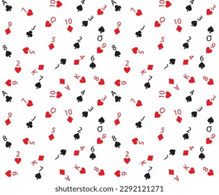 seamless pattern with symbol playing cards on white background. Vector pattern with card suits, clubs, hearts, diamonds, spades. Casino gambling, poker background
